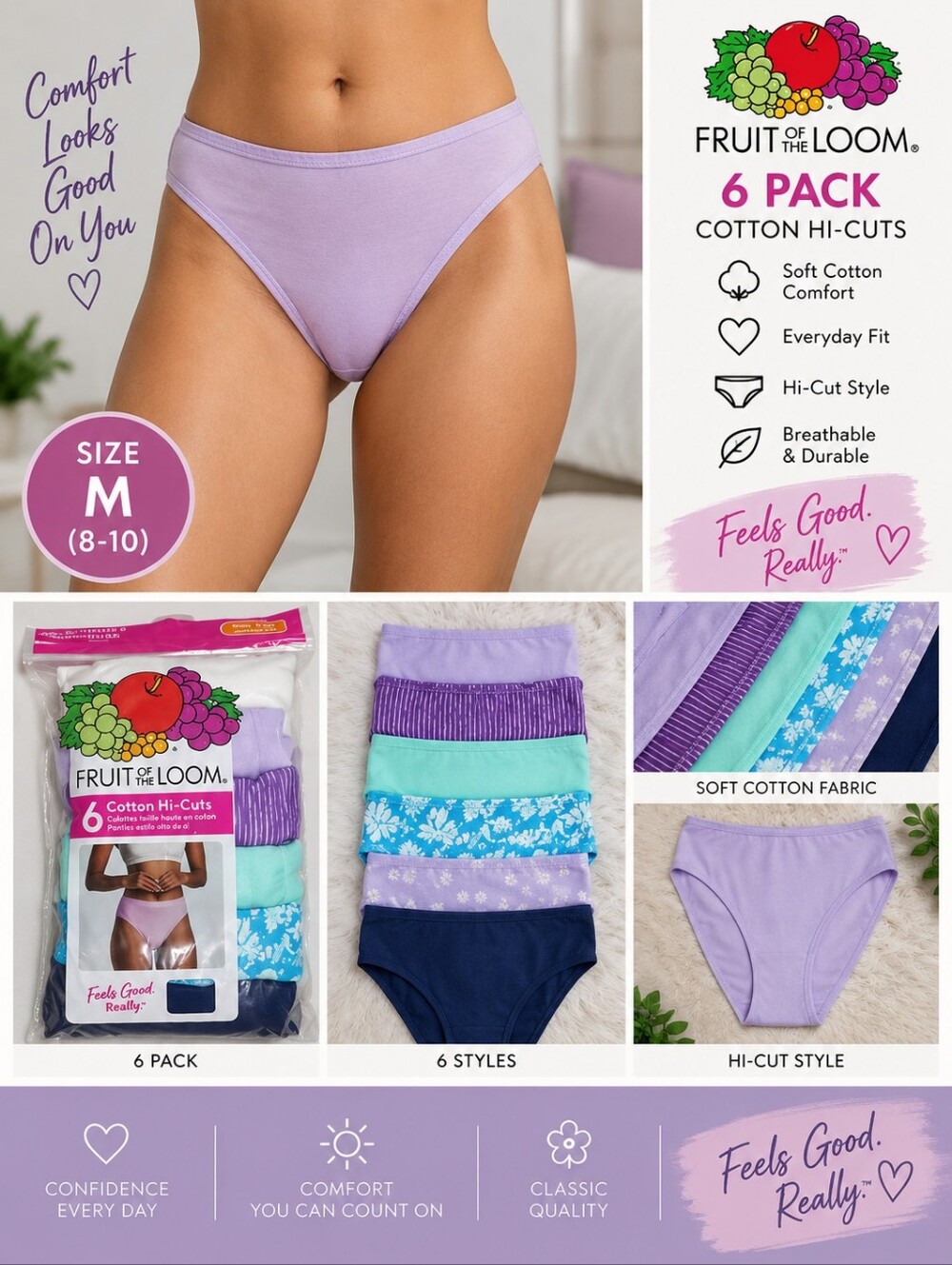 New fruit of the Loom Women's medium size 6 lot of 6 hi cut underwear #19